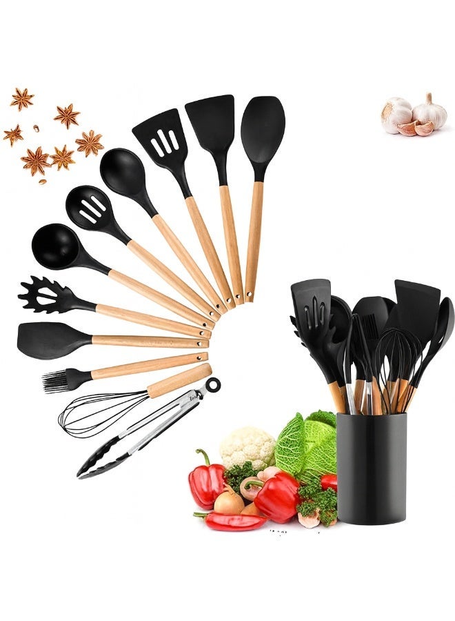 BIG CLICK 12 Pcs Silicone Cooking Utensil Kitchen Set with Organizer Cup Holder, Kitchen Utensils Set with Wood Handles for Nonstick Cookware Set, Great Kitchen Tools - Image 1